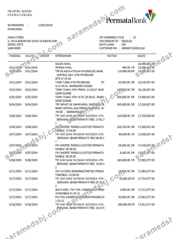 Indonesia Permatabank statement Word and PDF example
